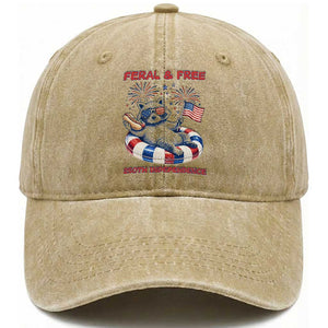 Feral and Free Funny Raccoon 4th of July Washed Cotton Baseball Cap 250 Years Of Freedom TS14 Print Your Wear