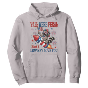 Y'all were Feral But I Low Key Love You Hoodie Raccoon Cute Teacher 4th of July TS14 S Ice Gray Print Your Wear