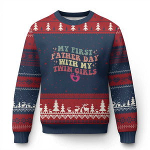 My First Fathers Day With Twin Girls Ugly Christmas Sweater Funny New Dad Gift TS14 Navy Red Print Your Wear