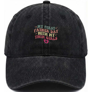 My First Fathers Day With Twin Girls Washed Cotton Baseball Cap Funny New Dad Gift