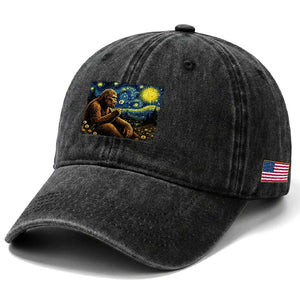 Bigfoot Blowing Dandelion Starry Night Washed Cotton Baseball Cap Cryptid Mythical Creature National Park Monster Gift