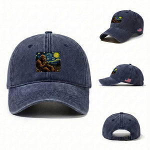 Bigfoot Blowing Dandelion Starry Night Washed Cotton Baseball Cap Cryptid Mythical Creature National Park Monster Gift