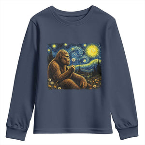 Bigfoot Blowing Dandelion Starry Night Youth Sweatshirt Cryptid Mythical Creature National Park Monster Gift TS14 Navy Print Your Wear