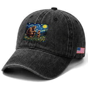 Bigfoot Blowing Dandelion Starry Night Washed Cotton Baseball Cap Sasquatch Dad Fathers Day Father Son Matching TS14 Print Your Wear