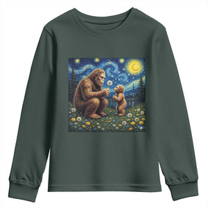Bigfoot Blowing Dandelion Starry Night Youth Sweatshirt Sasquatch Dad Fathers Day Father Son Matching TS14 Dark Forest Green Print Your Wear