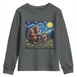 Bigfoot Blowing Dandelion Starry Night Youth Sweatshirt Sasquatch Dad Fathers Day Father Son Matching TS14 Dark Heather Print Your Wear