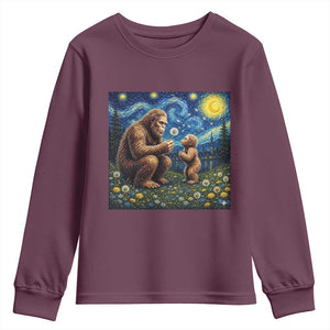 Bigfoot Blowing Dandelion Starry Night Youth Sweatshirt Sasquatch Dad Fathers Day Father Son Matching TS14 Maroon Print Your Wear