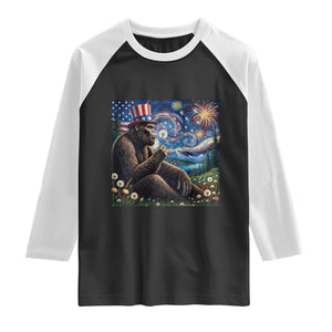 Bigfoot Blowing Dandelion Raglan Shirt Sasquatch Van Gogh Starry Night 4th of July TS14 Black White Print Your Wear