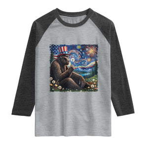 Bigfoot Blowing Dandelion Raglan Shirt Sasquatch Van Gogh Starry Night 4th of July TS14 Heather Gray Heather Charcoal Print Your Wear