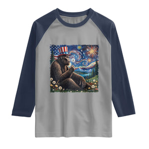 Bigfoot Blowing Dandelion Raglan Shirt Sasquatch Van Gogh Starry Night 4th of July TS14 Sport Gray Navy Print Your Wear