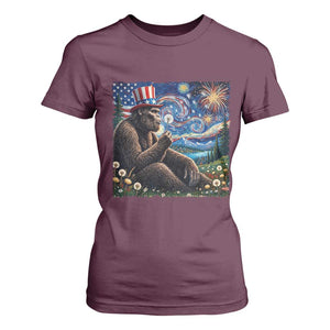 Bigfoot Blowing Dandelion T Shirt For Women Sasquatch Van Gogh Starry Night 4th of July TS14 Maroon Print Your Wear