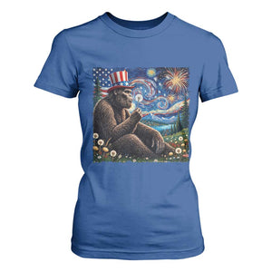 Bigfoot Blowing Dandelion T Shirt For Women Sasquatch Van Gogh Starry Night 4th of July TS14 Royal Blue Print Your Wear