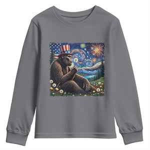 Bigfoot Blowing Dandelion Youth Sweatshirt Sasquatch Van Gogh Starry Night 4th of July TS14 Charcoal Print Your Wear
