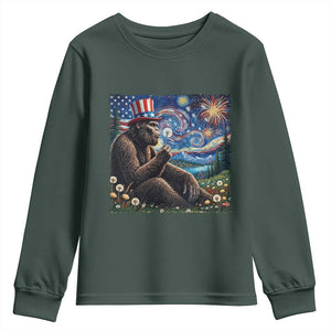 Bigfoot Blowing Dandelion Youth Sweatshirt Sasquatch Van Gogh Starry Night 4th of July TS14 Dark Forest Green Print Your Wear