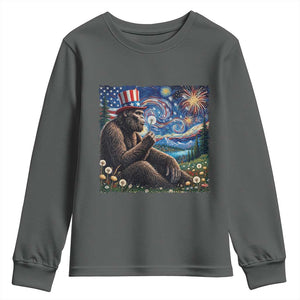 Bigfoot Blowing Dandelion Youth Sweatshirt Sasquatch Van Gogh Starry Night 4th of July TS14 Dark Heather Print Your Wear