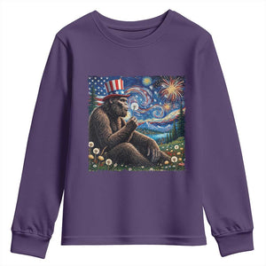 Bigfoot Blowing Dandelion Youth Sweatshirt Sasquatch Van Gogh Starry Night 4th of July TS14 Purple Print Your Wear