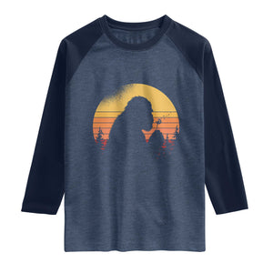 Bigfoot Blowing Dandelion Raglan Shirt Retro Sunset Forest TS14 Heather Denim Navy Print Your Wear