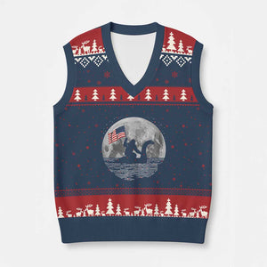 Bigfoot Loch Ness Monster 4th of July V-Neck Knit Sweater Vest Funny Cryptid Moon Night