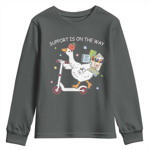 Special Education SPED Teacher Goose Scooter Youth Sweatshirt Support Is On The Way TS14 Dark Heather Print Your Wear