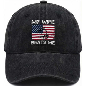 Funny Husband Sarcastic Washed Cotton Baseball Cap American Flag My Wife Beats Me TS14 Washed Cap Universal Fit Black Print Your Wear