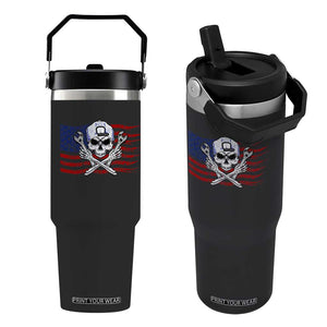 Skeleton Mechanic Flip Straw Tumbler American Flag Patriotic Car Repair TS14 One Size: 30 oz Black Print Your Wear