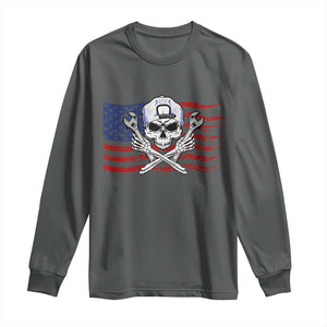 Skeleton Mechanic Long Sleeve Shirt American Flag Patriotic Car Repair TS14 Dark Heather Print Your Wear