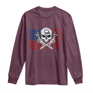 Skeleton Mechanic Long Sleeve Shirt American Flag Patriotic Car Repair TS14 Maroon Print Your Wear