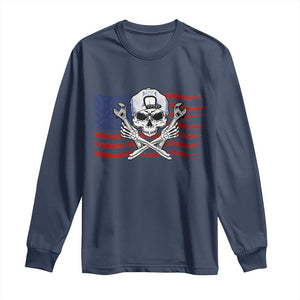 Skeleton Mechanic Long Sleeve Shirt American Flag Patriotic Car Repair TS14 Navy Print Your Wear