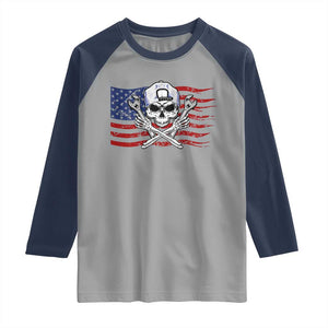 Skeleton Mechanic Raglan Shirt American Flag Patriotic Car Repair TS14 Sport Gray Navy Print Your Wear