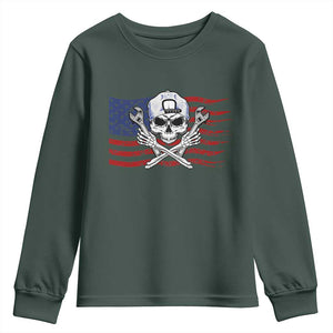 Skeleton Mechanic Youth Sweatshirt American Flag Patriotic Car Repair TS14 Dark Forest Green Print Your Wear