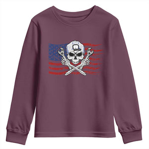 Skeleton Mechanic Youth Sweatshirt American Flag Patriotic Car Repair TS14 Maroon Print Your Wear