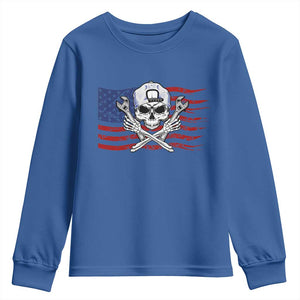 Skeleton Mechanic Youth Sweatshirt American Flag Patriotic Car Repair TS14 Royal Blue Print Your Wear