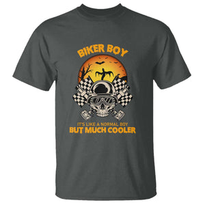 Funny Skull Motocycle Halloween Biker Son T Shirt Biker Boy It's Like A Normal Boy But Much Cooler TS14 Dark Heather Print Your Wear
