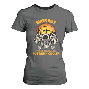 Funny Skull Motocycle Halloween Biker Son T Shirt For Women Biker Boy It's Like A Normal Boy But Much Cooler TS14 Dark Heather Print Your Wear