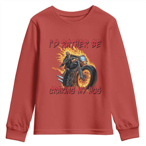 Funny Biker Skeleton Motorcycle Rider Youth Sweatshirt I Would Rather Be Cranking My Hog TS14 Red Print Your Wear