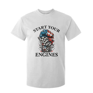 Checkered American Flag Racing T Shirt For Kid Start Your Engines Race Car TS14 White Print Your Wear