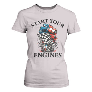 Checkered American Flag Racing T Shirt For Women Start Your Engines Race Car TS14 Ice Gray Print Your Wear