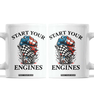 Checkered American Flag Racing Coffee Mug Start Your Engines Race Car TS14 White Print Your Wear