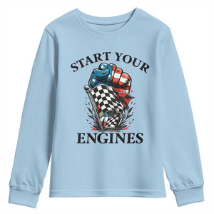 Checkered American Flag Racing Youth Sweatshirt Start Your Engines Race Car TS14 Light Blue Print Your Wear