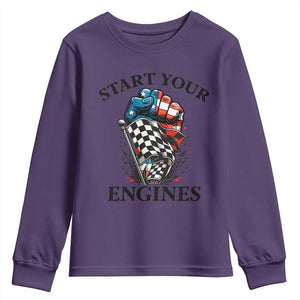 Checkered American Flag Racing Youth Sweatshirt Start Your Engines Race Car TS14 Purple Print Your Wear