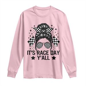 Racing Checkered Flag Messy Bun Race Day Long Sleeve Shirt TS14 Light Pink Print Your Wear
