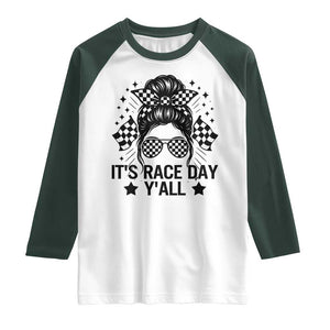 Racing Checkered Flag Messy Bun Race Day Raglan Shirt TS14 White Dark Forest Green Print Your Wear
