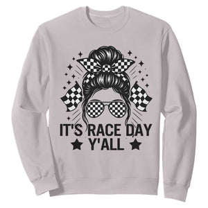 Racing Checkered Flag Messy Bun Race Day Sweatshirt TS14 Ice Gray Print Your Wear