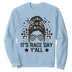 Racing Checkered Flag Messy Bun Race Day Sweatshirt TS14 Light Blue Print Your Wear