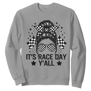 Racing Checkered Flag Messy Bun Race Day Sweatshirt TS14 Sport Gray Print Your Wear