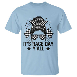 Racing Checkered Flag Messy Bun Race Day T Shirt TS14 Light Blue Print Your Wear