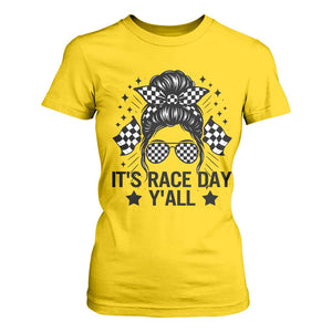 Racing Checkered Flag Messy Bun Race Day T Shirt For Women TS14 Daisy Print Your Wear