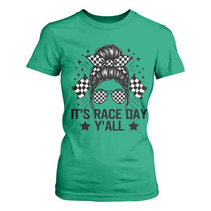 Racing Checkered Flag Messy Bun Race Day T Shirt For Women TS14 Irish Green Print Your Wear