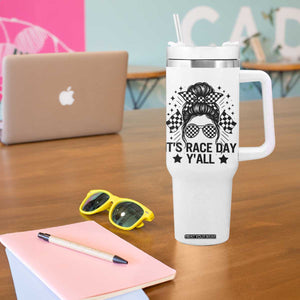 Racing Checkered Flag Messy Bun Race Day Tumbler With Handle TS14 Print Your Wear