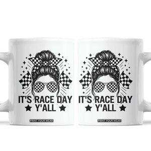 Racing Checkered Flag Messy Bun Race Day Coffee Mug TS14 White Print Your Wear